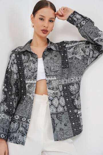 Kadın Oversize Desenli Saten Gömlek 20365 - Antrasit