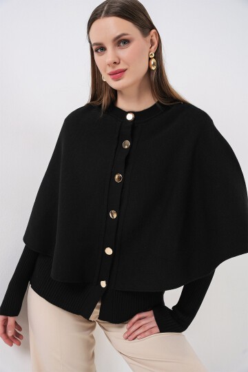 Kadın Pelerinli Triko Hırka 15967 - Siyah