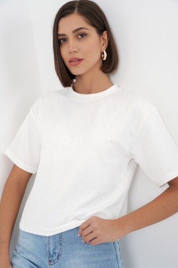 Kadın Taş Detaylı Tişört 990 - Beyaz
