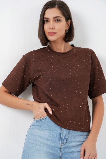 Kadın Taş Detaylı Tişört 990 - Kahverengi