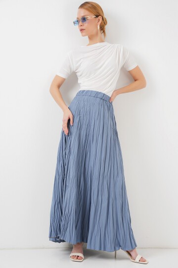 Kadın Uzun Kırışık Etek 8042 - İndigo