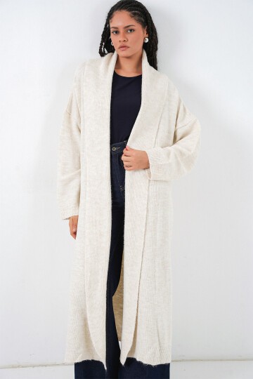 Kadın Uzun Oversize Triko Hırka 15924 - Ekru