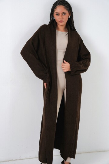 Kadın Uzun Oversize Triko Hırka 15924 - Kahverengi