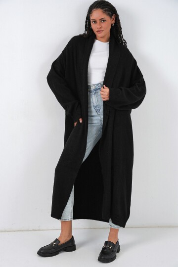 Kadın Uzun Oversize Triko Hırka 15924 - Siyah