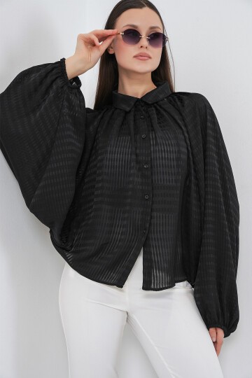 Kadın Yarasa Kol Oversize Gömlek 20368 - Siyah