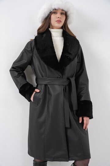 Merterium 1045 Kürklü Suni Deri Kaban - Siyah