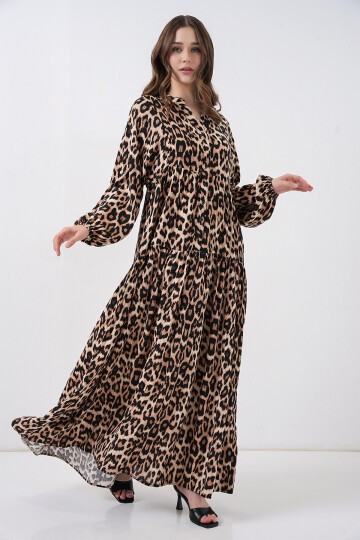 Merterium 2423 Otantik Desenli Tesettür Elbise - E. Kahve