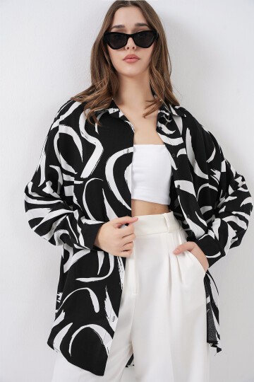 Merterium 3721 Grafik Desenli Gömlek - F. Siyah