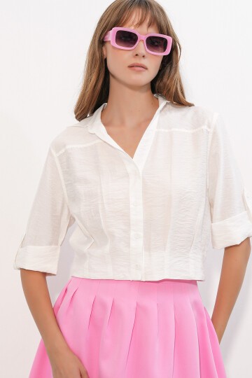 Kadın Crop Oversize Gömlek 20390 - Beyaz