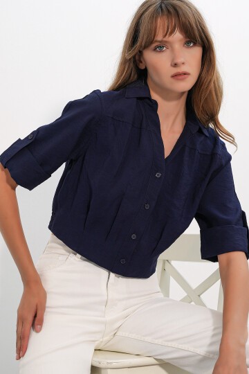 Kadın Crop Oversize Gömlek 20390 - Lacivert