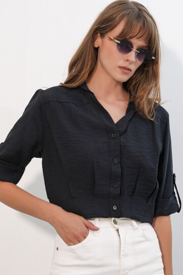 Kadın Crop Oversize Gömlek 20390 - Siyah