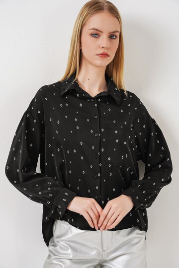 Kadın Desenli Oversize Gömlek 20361 - Siyah - Gümüş