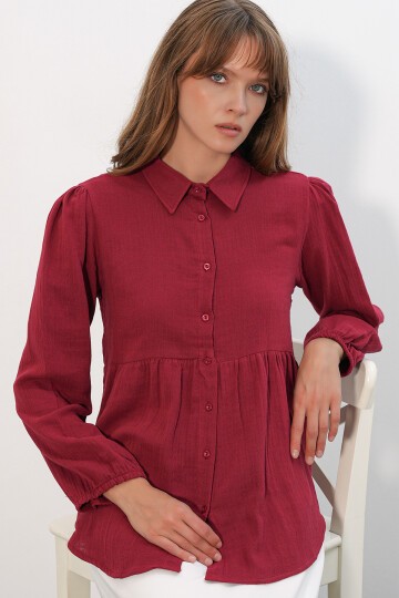 Kadın Dokulu Oversize Keten Gömlek 20381 - Bordo