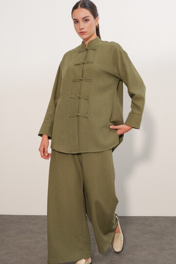 Kadın Oversize Gömlek Pantolon Keten İkili Takım 30126 - Haki