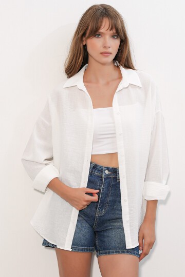 Kadın Oversize Keten Gömlek 20338 - B.Beyaz