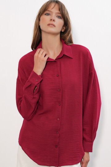 Kadın Oversize Keten Gömlek 20338 - Bordo
