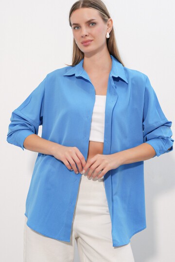 Merterium 3900 Oversize Uzun Basic Gömlek - Koyu Mavi