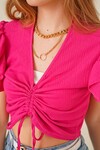 Merterium 0423 Crop Örme Bluz - Fuşya
