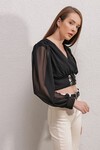 Merterium 0464 Balon Kol Crop  Bluz - Siyah