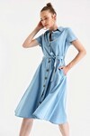 Merterium 1677 Boydan Düğmeli Kuşaklı Kot Elbise - Mavi
