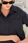 Merterium 20217 Cep Detaylı Çizgili Oversize Gömlek - Siyah