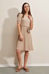 Merterium 2370 Kuşaklı Örme Elbise - Bej