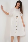 Merterium 2389 Kemerli Keten Elbise - Ekru