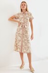 Merterium 2455 Desenli Gömlek Elbise - Bej