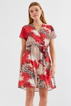 Merterium 2502 Kısa Kol Desenli Şifon Elbise - Kırmızı