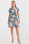 Merterium 2502 Kısa Kol Desenli Şifon Elbise - Mavi