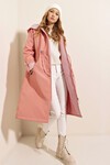 Merterium 9091 Beli Büzgülü Kapşonlu Trençkot - Pembe