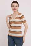Merterium Kadın Bisküvi Krem Çizgili Kısa Kol Bluz 15869