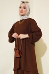 Merterium Kadın Kahverengi Tunik Pantolon Alt Üst Takım 6663