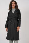 Merterium Kadın Kruvaze Yaka Kuşaklı Trençkot - Siyah