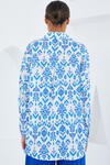 Merterium Kadın Mavi Beyaz Desenli Oversize Saten Gömlek 3985