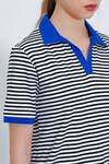 Merterium Kadın Saks Polo Yaka Çizgili Tişört 0499