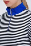 Merterium Kadın Saks Polo Yaka Fermuarlı Çizgili Tişört 0497