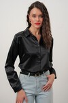 Merterium Kadın Saten Gömlek Geniş Beden Aralığı - Siyah