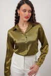 Merterium Kadın Saten Gömlek Geniş Beden Aralığı - Y.Haki