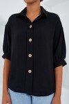Merterium Kadın Siyah Kısa Kol Oversize Keten Gömlek 20240