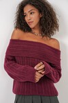 Merterium 15908 Kadın Açık Omuz Oversize Triko Kazak - Bordo