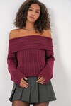 Merterium 15908 Kadın Açık Omuz Oversize Triko Kazak - Bordo