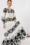 Merterium 1947 Desenli Uzun Elbise - B.Beyaz