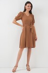 Merterium 2370 Kuşaklı Örme Elbise - Bisküvi