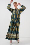 Merterium 2423 Otantik Desenli Tesettür Elbise - Yeşil 7