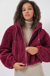 Merterium 5193 Kapüşonlu Peluş Crop Ceket - Mürdüm