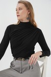 Merterium 925 Büzgü Detaylı Sandy Bluz - Siyah
