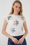 Merterium 930 Kısa Kol Desenli Crop Bluz - Beyaz