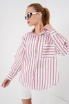 Merterium Kadın Çizgili Oversize Gömlek 20278 - Kırmızı