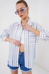 Merterium Kadın Çizgili Oversize Gömlek 20278 - Mavi